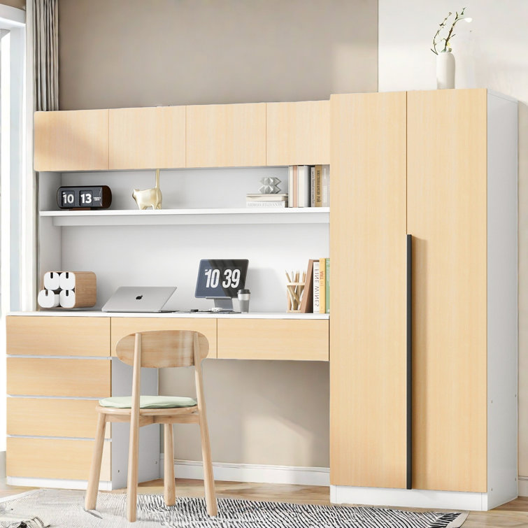 Latitude Run® 2 Doors Wardrobe With Wooden Desk, 2 Upper And 6